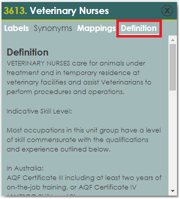 Occupation group definition The definition tab for the Veterinary Nurses occupation group. The definition tab is highlighted with a red rectangle.