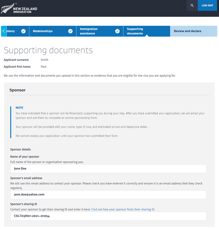 Screenshot of immigration online showing the 'supporting documents' section. The user is being asked to input their sponsor's name, email address and sharing ID.